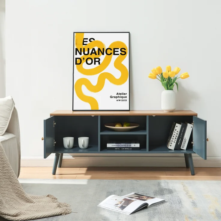 Fernsehschrank Reyljand mit 2 Türen 120x35x50 cm Grau/Eicheoptik [en. casa] – Bild 2