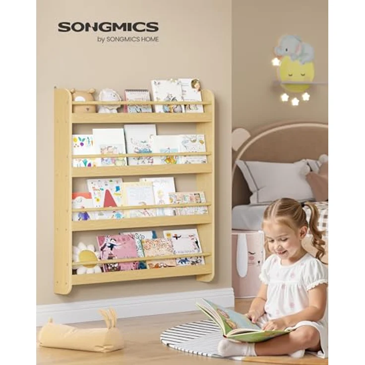SONGMICS Bücherregal Kinder, Kinderregal mit 4 Ebenen, Spielzeugregal, Wandregal, für Kinderzimmer, Spielzimmer, naturfarben GKR014YZ01 – Bild 4
