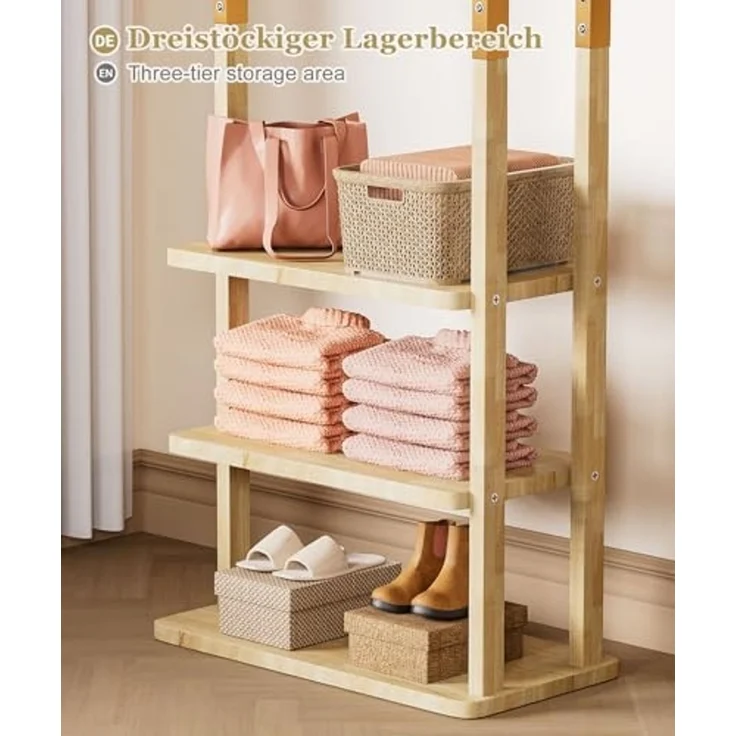 Yorbay Kleiderständer Garderobenständer aus Massivholz mit Ablagebrettern & Haken, Offener Kleiderschrank für Flur, Schlafzimmer – Bild 4