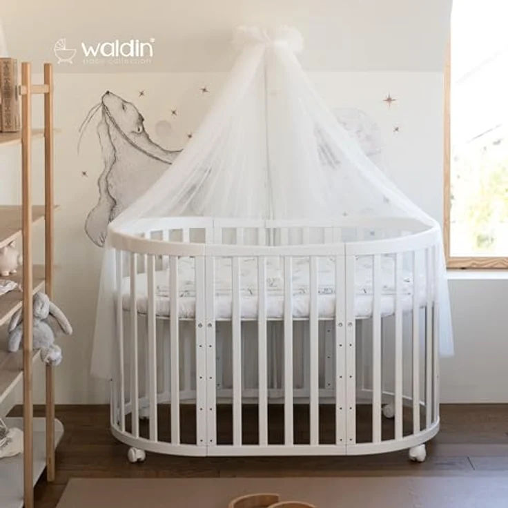 Waldin Oval Baby-Bett Mitwachsend Komplett Set 7in1, Gitterbett, Kinderbett mit Matratze, Wickelkommode, Beistellbett, Holz Weiß, Stoffe Weiß Zweige – Bild 6