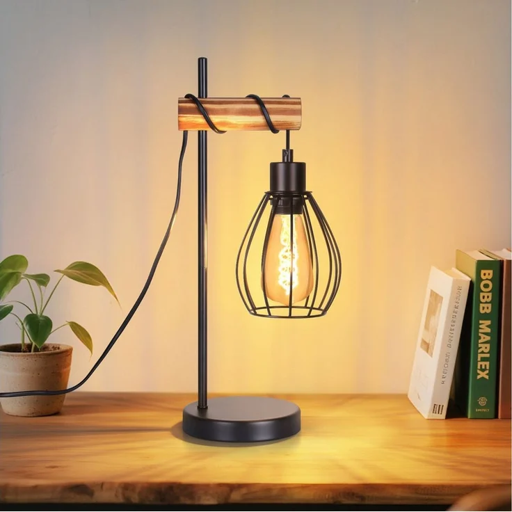 Nettlife Tischleuchte Vintage Industrie Metall Holz Schwarz E27 50cm Retro Nachttischleuchte, mit Kippschalter, LED wechselbar, ohne Leuchtmittel, Wohnzimmer Schlafzimmer Kinderzimmer Esszimmer – Bild 5