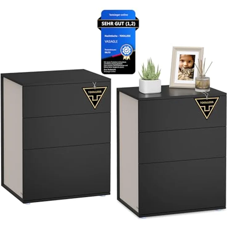 VASAGLE Nachttisch, 2er Set, Beistelltisch 3 Schubladen, Superschnelle werkzeuglose Montage, Nachtschrank, Schlafzimmer, Wohnzimmer, Toolless-Technologie, tintenschwarz-cappuccinobeige LET779B01 – Bild 2