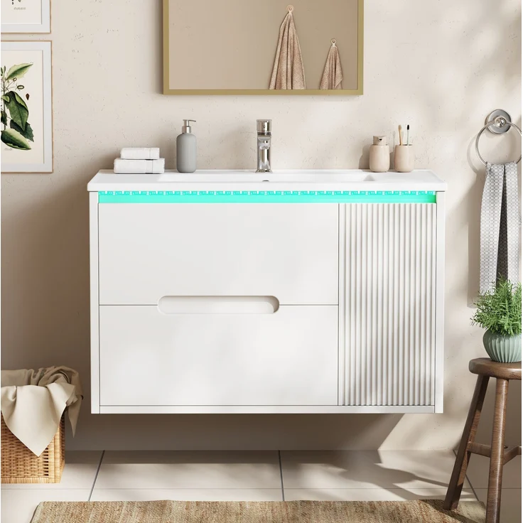 Waschbeckenunterschrank 81 x 47 x 51 cm mit Keramikwaschbecken und App-gesteuerter LED-Beleuchtung, Weiß – Bild 2