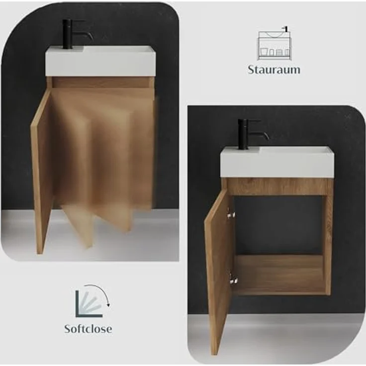 Alpenberger Badmöbel-Set Gäste WC Waschbecken mit Unterschrank - Badschrank Hängend, (Gäste WC Möbel Bamboo Farbe, Waschtisch mit Unterschrank Klein), Waschplätze für Kleine Bäder - Badschrank Hängend und Vormontiert – Bild 5