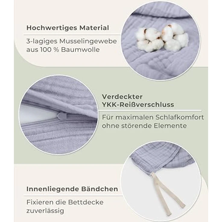 Laynenburg Bettwäsche Musselin aus 100% Baumwolle in 135x200 oder 155x220 cm, atmungsaktiv & bügelfrei – 3 lagig mit Reißverschluss & Haltebändern – Bild 6