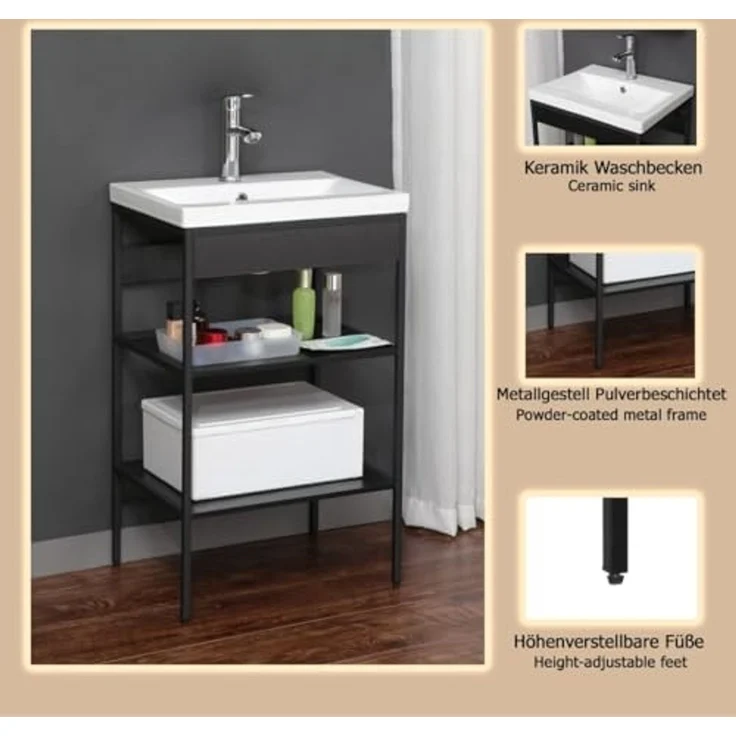 trendteam smart living - Lorin - Waschbeckenregal + Einsatzwaschbecken – Schwarz/Weiß - Regal mit 2 offenen Fächern - (BxHxT) 52 x 83 x 40 cm - modernes Design – Bild 7