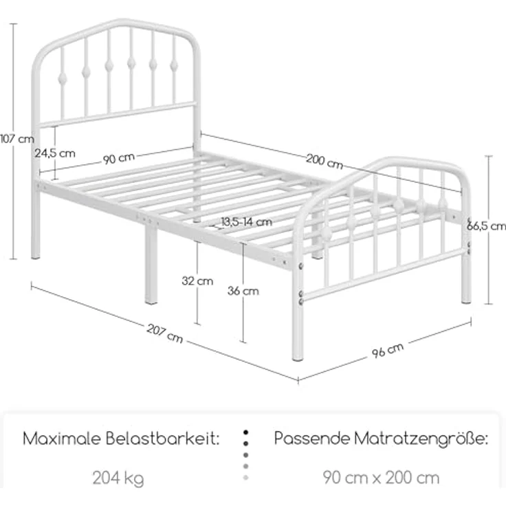 Yaheetech Bettrahmen 90 x 200 cm, Vintage Metallbett mit kronenförmigem Kopfteil, Stabiles Bettgestell Einzelbett aus Metall, Robust & Leichte Montage Gästebett Jugendbett Tagesbett, Weiß – Bild 3
