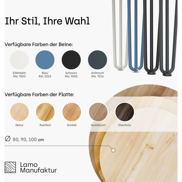 LAMO Manufaktur Esstisch Tisch rund 80 cm Stärke: 28mm, Farbe: Dunkel, Beine: Elfenbein (1 Tisch), Holztisch rund, Esstisch für 2 Personen Runder Tisch für Küche – Bild 2