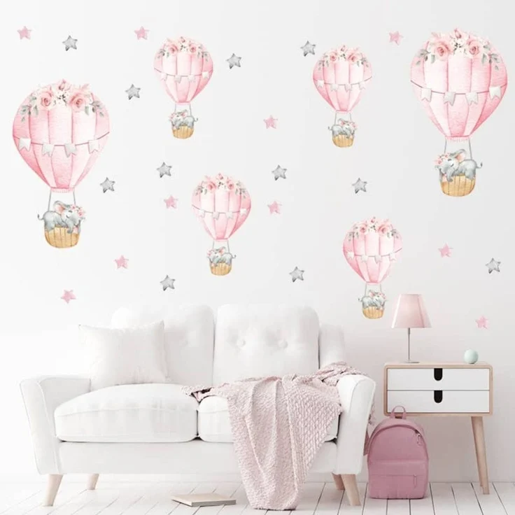 Montegoni Wandsticker 30 x 90 cm Rosa schlafender Babyelefant mit Heißluftballon, Abziehbare Wandsticker mit süßem Design, leicht anzubringen – Bild 2