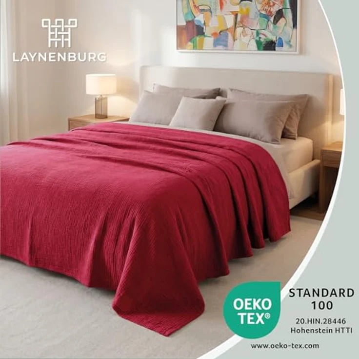 LAYNENBURG Premium Musselin Tagesdecke 180x220 cm - 100% Baumwolle - extraweiche Baumwolldecke als Kuscheldecke, Bett-Überwurf, Sofa-Überwurf, Couch-Überwurf - warme Sofa-Decke (Bordeaux) – Bild 3