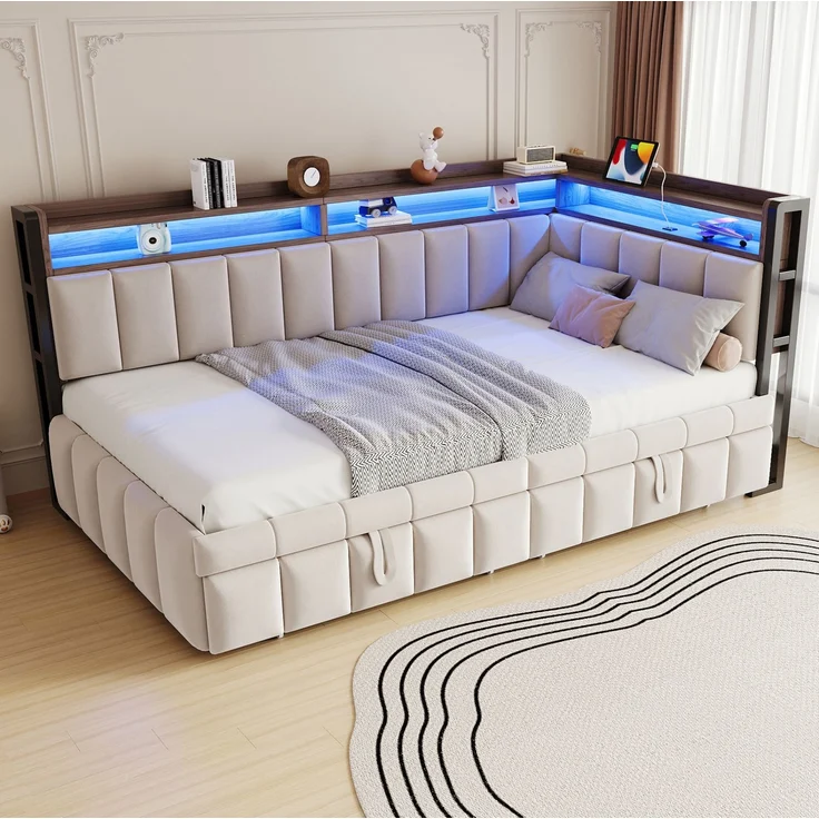 CHICFURN Bett Schlafsofa aus Samtstoff Beige 90x200 cm mit Ausziehbett, LED-Beleuchtung und USB- und Type-C-Anschlüssen – Bild 3