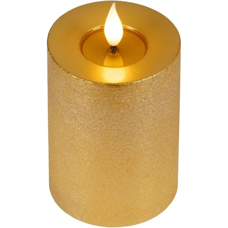 Lumineo LED-Kerze, Timer, warmweiß, LED Kerze 7,5x13,5cm mit Timer Wachs Flacker-Effekt Gold / Warmweiß – Bild 3