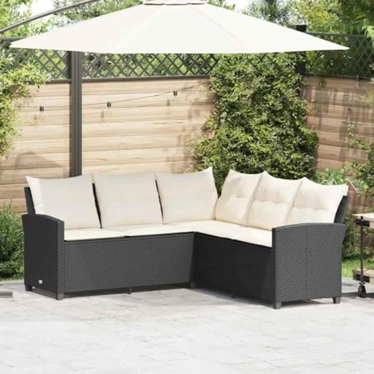 vidaXL L-förmiges Couchsofa mit Kissen Schwarzes Polyrattan 365415 – Bild 3