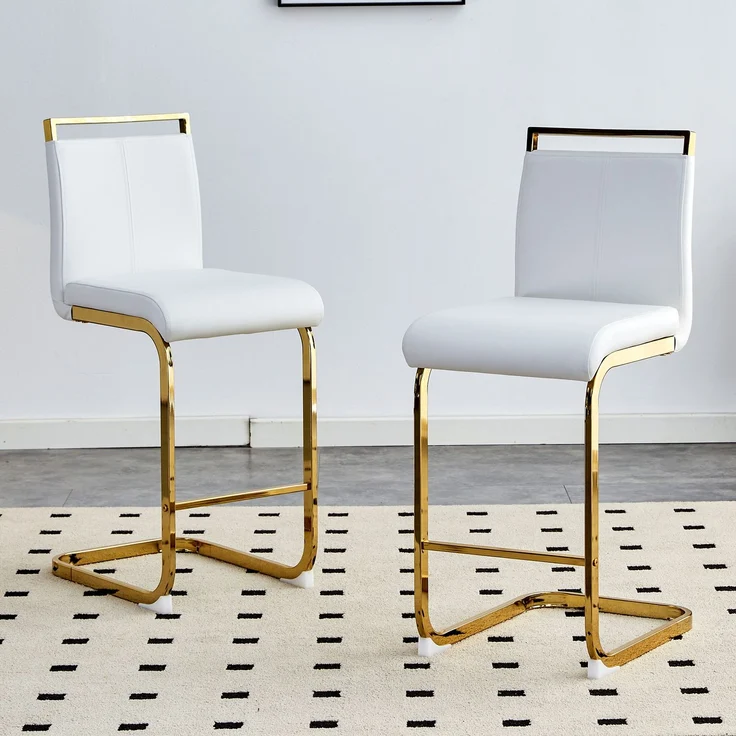 Rayofly-2er-Set Barhocker nordischer Stil H96,5cm, weißes PU-Leder, goldene Metallbeine, für Restaurant, Küche,H 96.50cm x T 39.00cm x B 46.50cm,Weiß – Bild 3