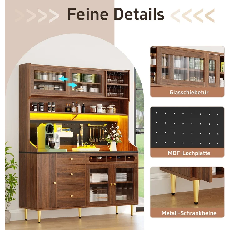Hochschrank 145 x 39 x 171 cm aus Glas und MDF mit LED-Beleuchtung und Schiebetüren – Bild 8