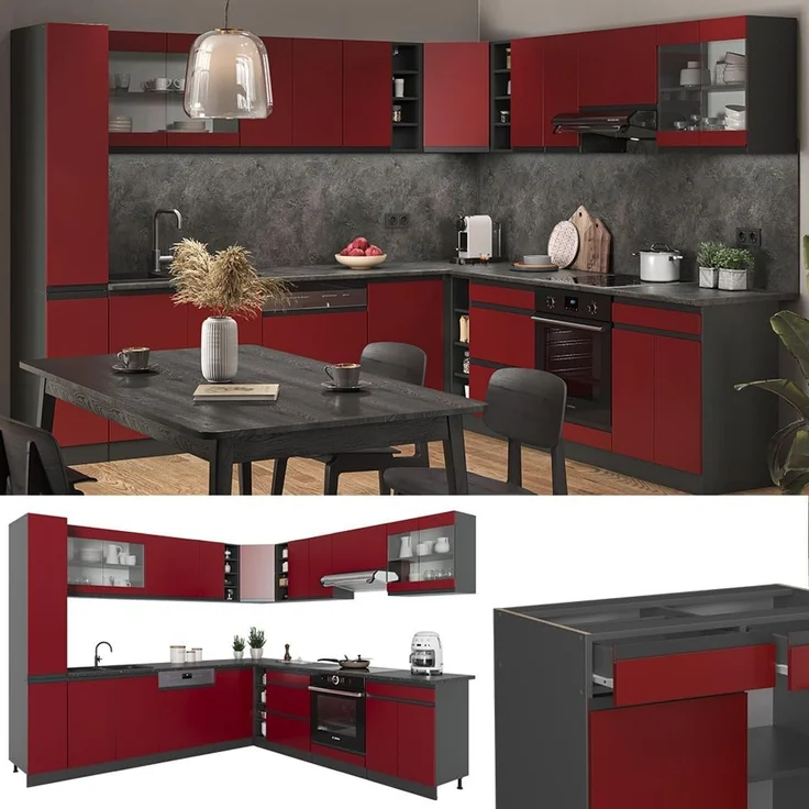 Eckküche R-Line Rot/Anthrazit 277 x 257 cm J-Shape, AP Anthrazit Vicco – Bild 5