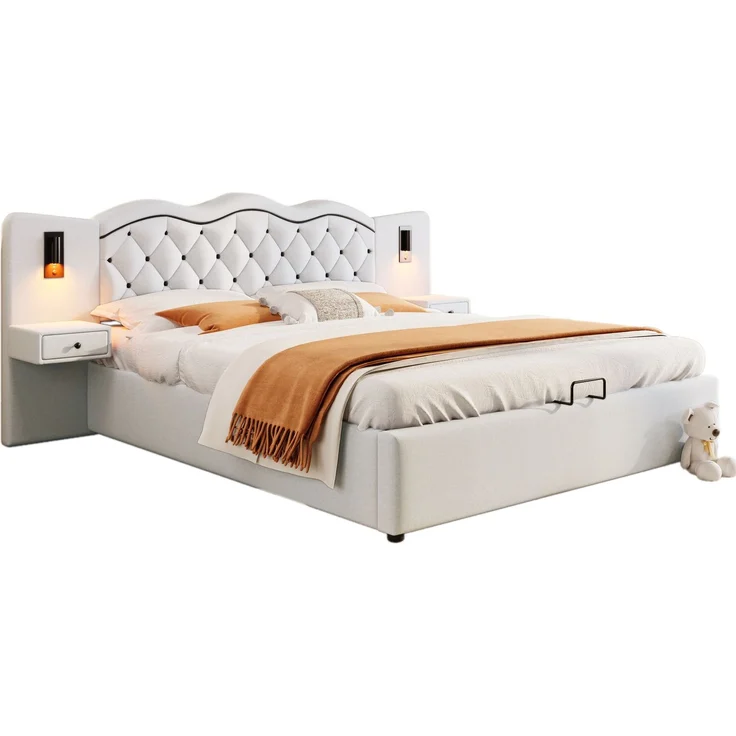 Polsterbett 180x200 cm, Doppelbett mit hydraulischem Hebemechanismus und Stauraum, integriertes Kopfteil mit Beleuchtung,Beige – Bild 7