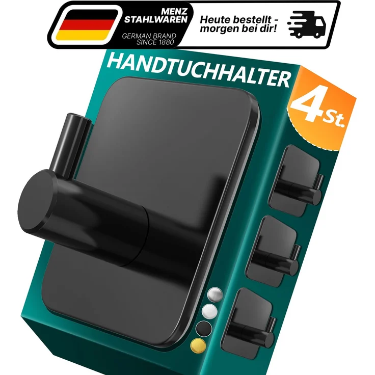 Lindenstein Handtuchhaken 4er-Set Schwarz – Edelstahl V2A, selbstklebend mit 3M-Pads – Bild 1