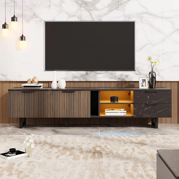TV-Lowboard, MDF in Marmoroptik mit LED-Beleuchtung & Stauraum, 200x38x50 cm, Schwarz/Holzfarbe – Bild 2