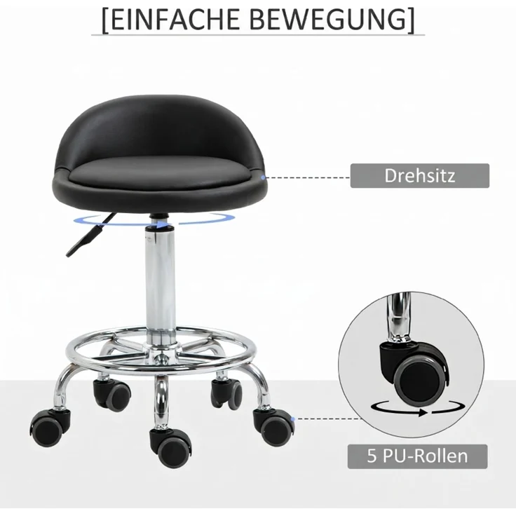 Rollhocker mit Rückenlehne 57-72 cm höhenverstellbar Drehhocker für Büro Salon Massage--Schwarz--38x38x72cm--YOUDENOVA – Bild 6
