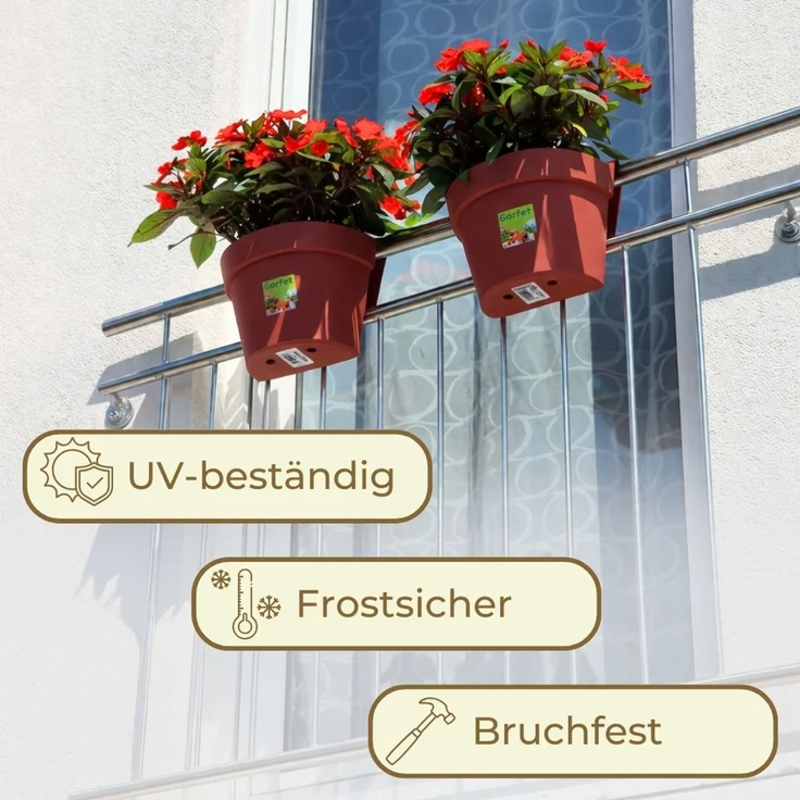 4er Set Geländertopf Balkon mit Wasserspeicher Blumentopf Zaun Blumenkasten Geländer Geländerkasten Balkontopf Balkonkasten Balkon Blumenkasten Geländer Terracotta – Bild 5
