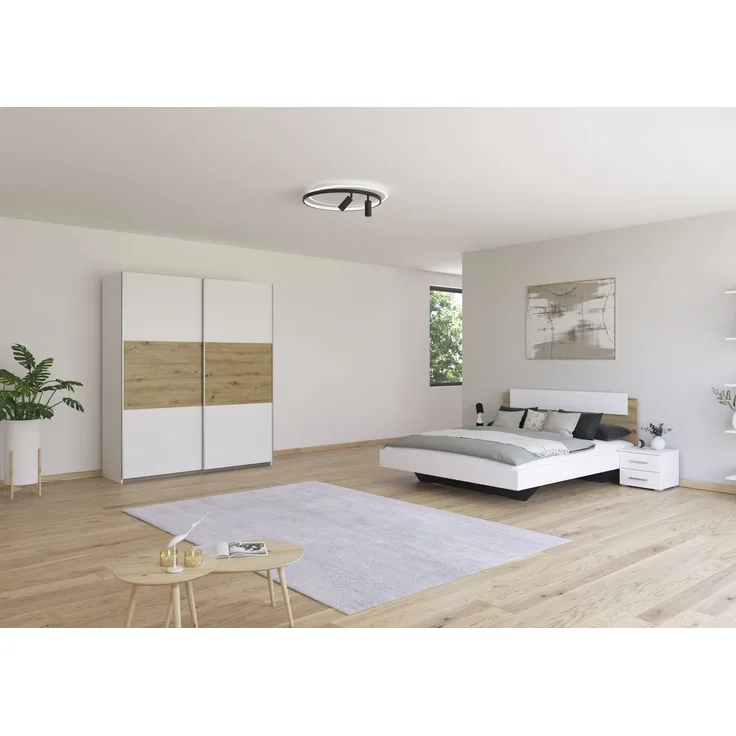 Schlafzimmer Borba in Weiß und Eiche mit Schwebetürenschrank 4 teilig – in verschiedenen Bett- und Schrankvarianten wählbar - 4 teilig , Kleiderschrank 175cm Breite + Bett 160x200cm + 2 Nachttisch