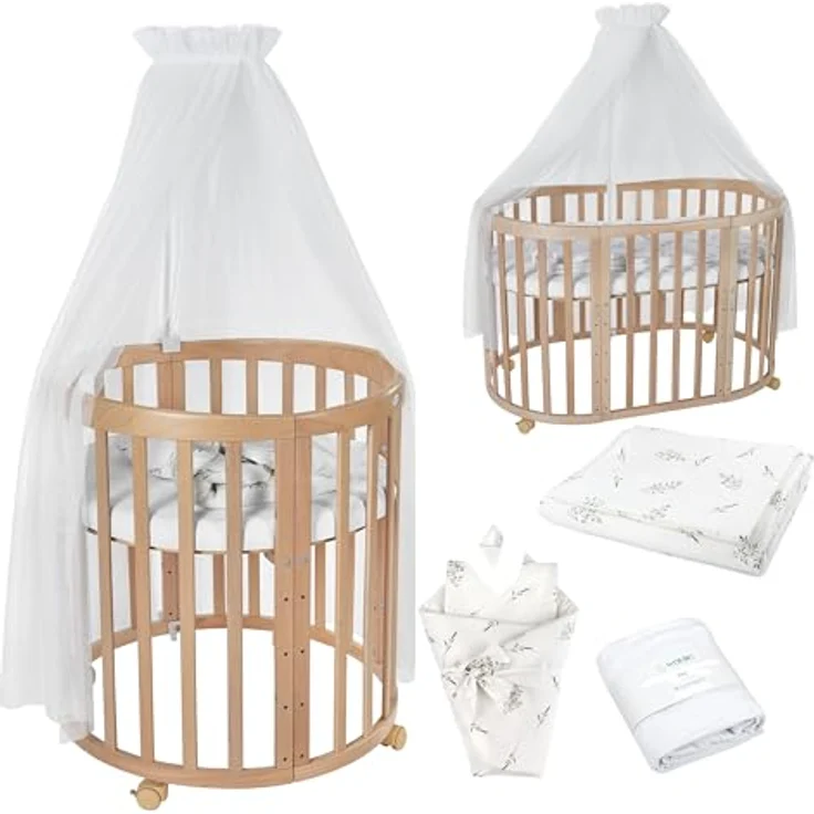 Waldin Oval Baby-Bett Mitwachsend Komplett Set 7in1, Gitterbett, Kinderbett mit Matratze, Wickelkommode, Beistellbett, Holz Natur, Stoffe Weiß Zweige – Bild 2