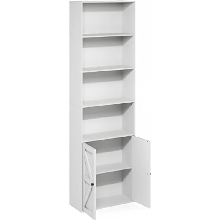 Furinno Jensen Landhausstil 6-stöckiges Ausstellungsregal, Bücherregal mit Türen, Weiß – Bild 7