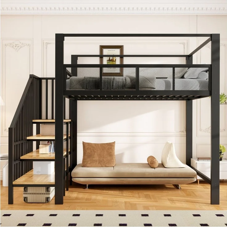 Celya Hochbett Metall Einzel-Hochbett mit Sicherheitsgitter im Netzdesign (ohne Matratze, mit Stauraumstufen fürs Schlafzimmer) – Bild 3