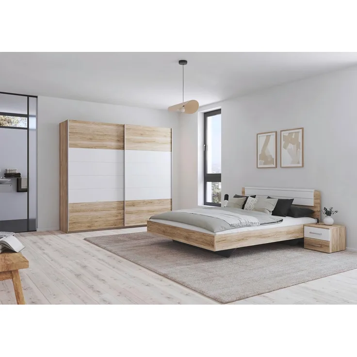 Rauch Möbel Barcelona Schlafzimmer, Eiche Sanremo hell / Weiß, bestehend aus Bett mit Liegefläche 160x200 cm inklusive 2 Nachttische und Schwebetürenschrank BxHxT 226 x 210 x 62 cm