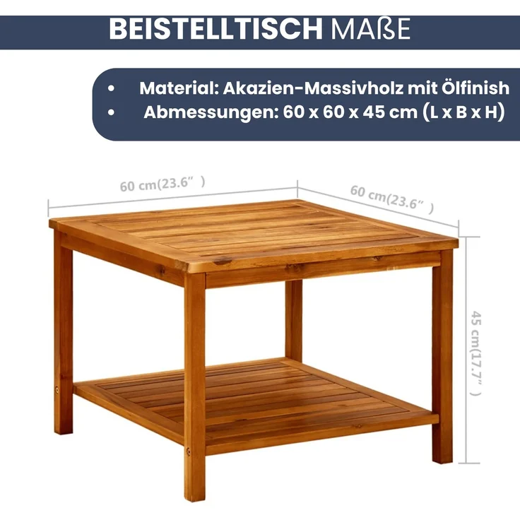 DELUKE® Beistelltisch Holz EMMI - Massivholz, 60x60x45cm | Couchtisch Akazie Beistelltisch Couch Holztisch Outdoor Sofatisch Gartentisch eckig – Bild 3