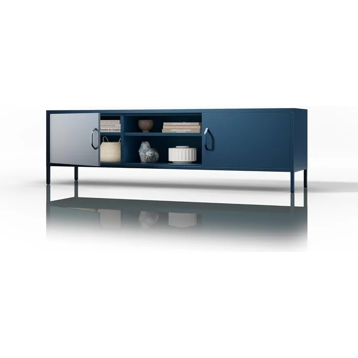 Jan Nowak Couchtisch Moderner Metalltisch Mit 2 Seitlichen Fächern & Offenem AV-Fach Robuste Stahlkonstruktion 40 kg Belastbarkeit Modell Rosaria 90 x 45 x 45 cm Marineblau
