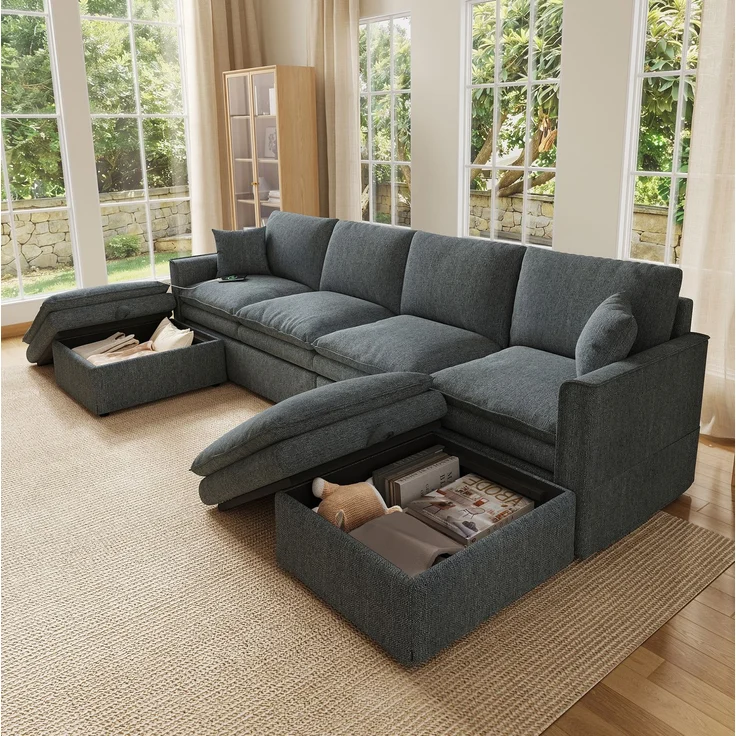 Modulares Ecksofa 277x135x80 cm, 6-Sitzer in Grau mit Stauraumhockern und USB-Anschluss – Bild 1