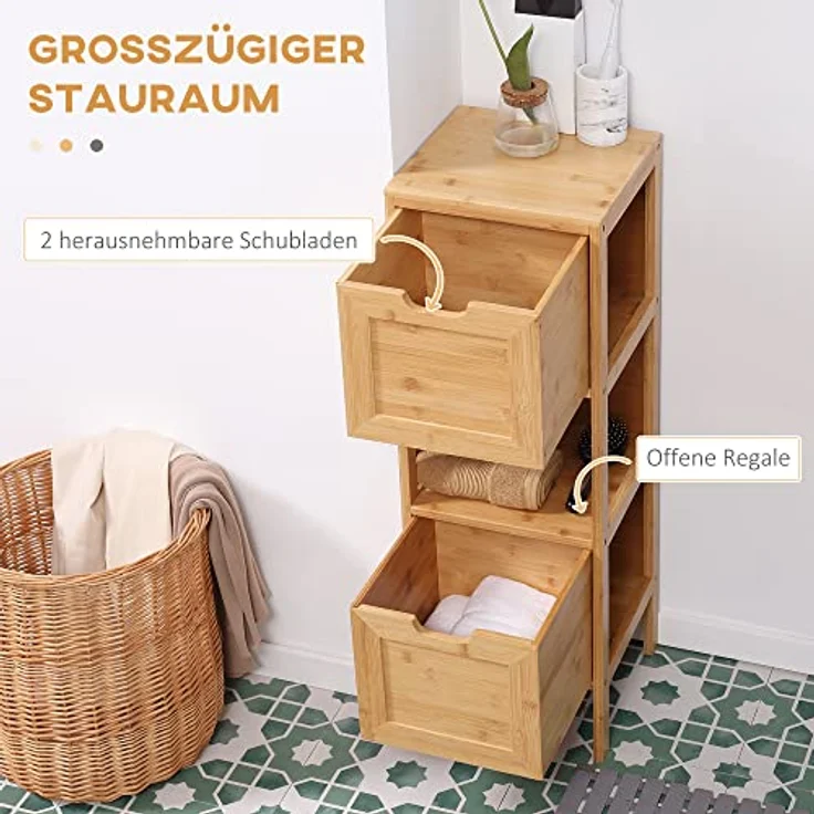 kleankin Badezimmerschrank Badschrank Aufbewahrungsschrank mit Kippschutz aus Bambus, Unterschrank mit 2 Schubladen, Lanfhausstil Beistellschrank, Naturholz, 30 x 30 x 90 cm – Bild 5