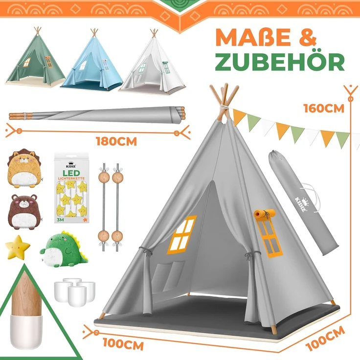 KIDIZ® Tipi Zelt für Kinder Spielzelt 100 x 100 x 160 cm Kinderzelt aus Baumwolle mit LED-Lichterkette, Leuchtstern, Fahnengirlande, 3 Plüschtiere, Untermatte & Tragetasche Spielhaus für drinnen & draußen Grau – Bild 7