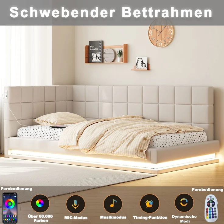 Merax Daybett Einzelbett Polsterbett 90x200cm mit USB & LED, Tagesbett Schlafsofa mit Lattenrost, Jugendbett Gästebett Funktionsbett, Samt, beige – Bild 3