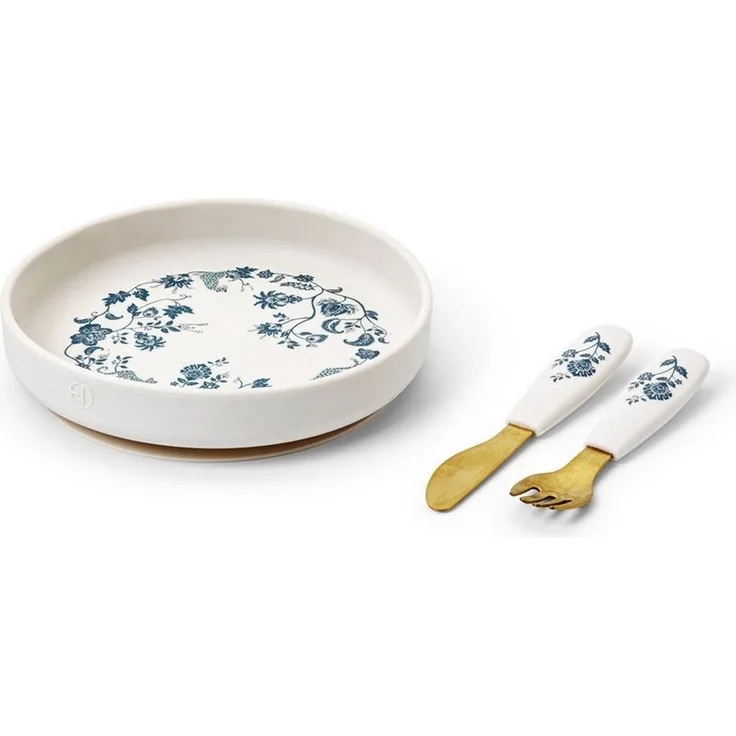 Elodie Kindergeschirr-Set Teller und Besteck, 3 Teile - Garden Leo Toile Ø17 cm mit Saugring (3-tlg), 1 Personen, Silikon