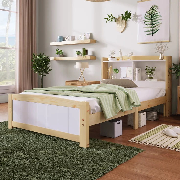 Bett 90x200 cm mit Stauraum-Kopfteil aus Massivholz, weiß – platzsparendes Einzelbett mit Lattenrost – Bild 2