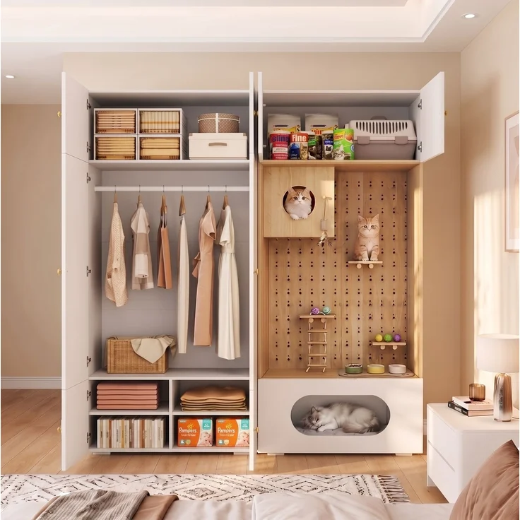 Kleiderschrank mit Katzenkletterwand 180 x 50 x 200 cm in Weiß und Holzoptik – Bild 5