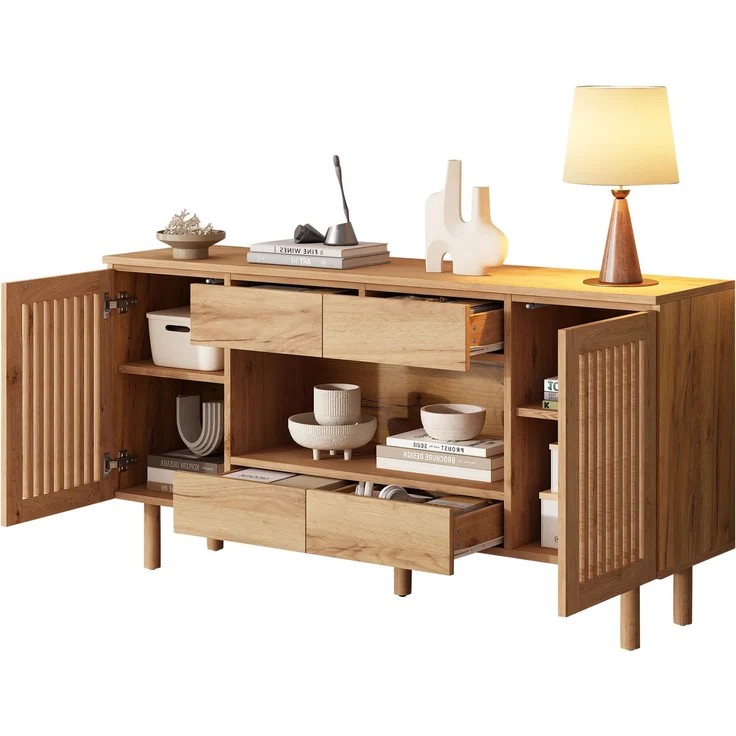 ZUBALIYA Sideboard 140x35x71 cm, mit 4 Schubladen, aus MDF, Natur – Bild 5