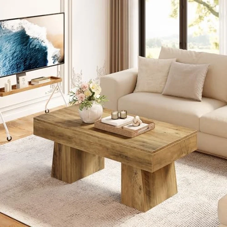 LITTLE TREE Farmhouse Couchtisch, 120 cm, rechteckiger Beistelltisch aus Holz mit massivem Sockel, Moderne niedrige Cocktail- und Teetisch-Möbel für das Wohnzimmer (rustikales Braun) – Bild 3