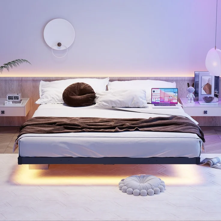 Homerecommend Schwebebettrahmen Metallbett 140x190 cm, für Schlafzimmer & Jugendzimmer, mit LED-Beleuchtung & integrierter Ladestation (1 Steckdose, 2 USB), Vintage Schwarz – Bild 2