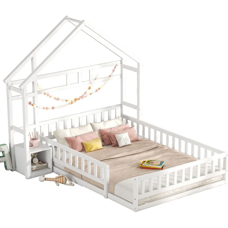 Kinderhausbett, Flachbett aus Kiefernholz mit Geländer, inklusive Nachttisch, stabiles Massivholzbett für Kinder, Weiß – Bild 5