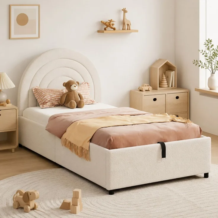 CHICFURN Polsterbett aus Bouclé Beige 90x200 cm mit hydraulischem Stauraum