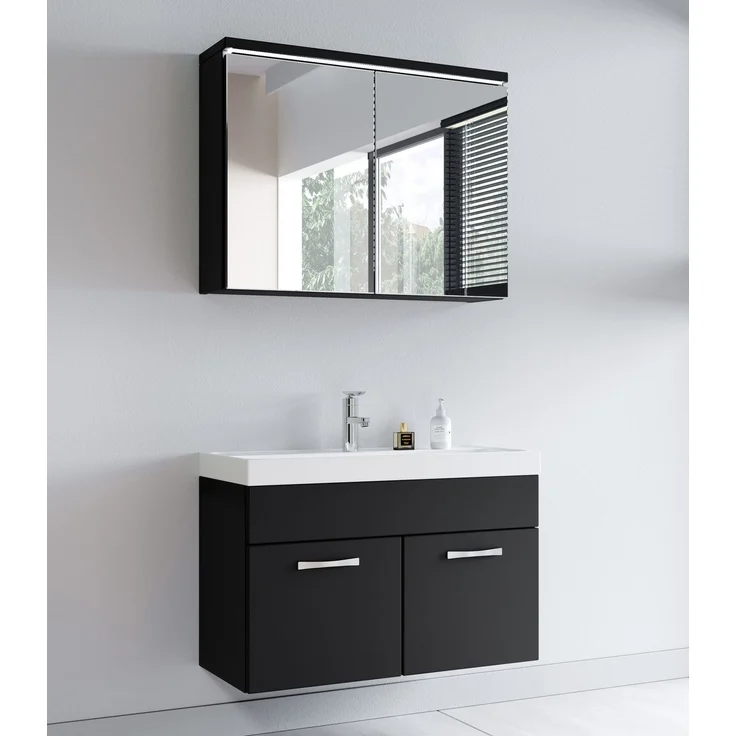 Badplaats Badmöbel Komplettset Paso 02 80 x 40 cm Schwarz Matt - Badezimmermöbel mit Waschbecken und Spiegelschrank – Bild 2