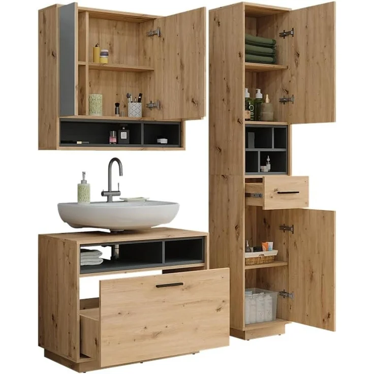 Badmöbel-Set Beatrice Artisan-Eiche/Anthrazit 3-teilig Vicco – Bild 5
