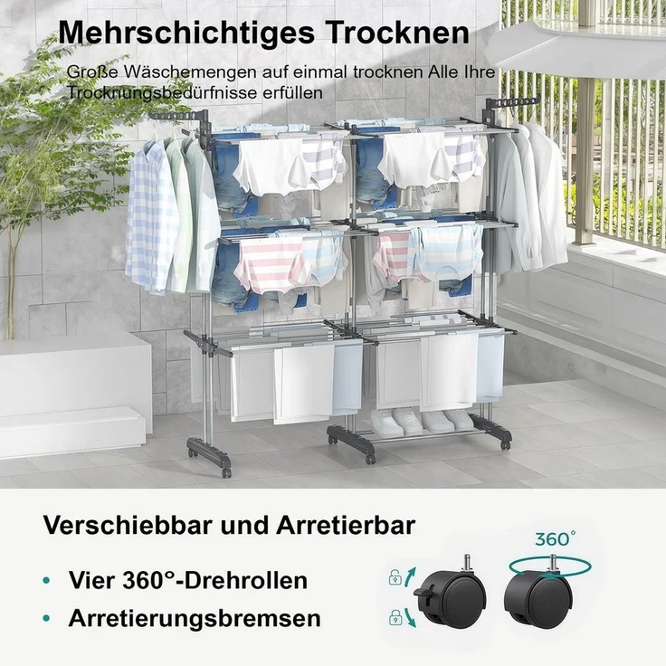 PFCTART Wäscheständer Großer Stand-Wäscheständer Turm mit Rollen – ausziehbar, Turmwäscheständer mit zweistufigem Design & hoher Belastbarkeit – Bild 2