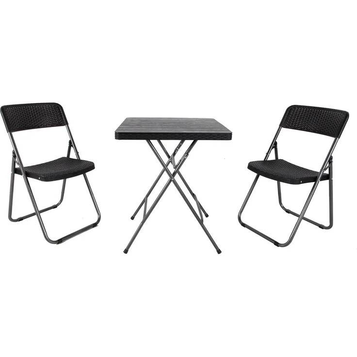 Bistroset Sitzgruppe Gartenmöbel 3-teilig schwarz Rattan-Holz Optik