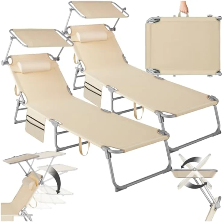 tectake® 2er Set Sonnenliege klappbar und tragbar, Liege mit Seitentasche, Strandliege, Gartenliege mit Dach, Liegestuhl mit Verstellbarer Rückenlehne, Kopfkissen - für Balkon, Terrasse (beige) – Bild 2