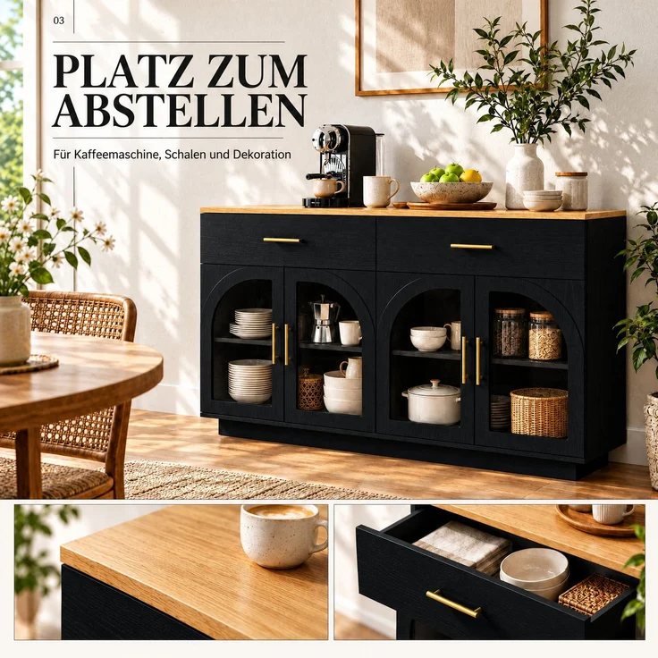 Sideboard 147 x 40 x 86 cm aus MDF und Spanplatte, mit LED-Beleuchtung, Schwarz und Natur – Bild 8